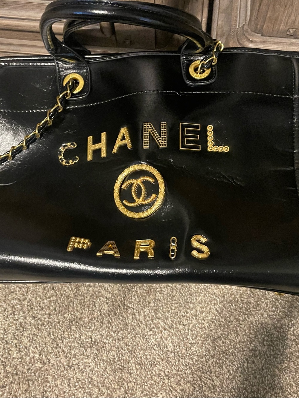 Black Patent Tote with Gold Lettering and Emblem